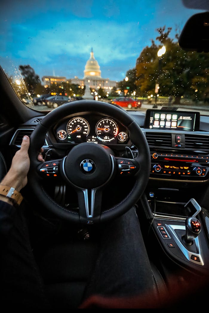 about-04 View of the Capitol in Washington DC through the BMW steering wheel during a drive.